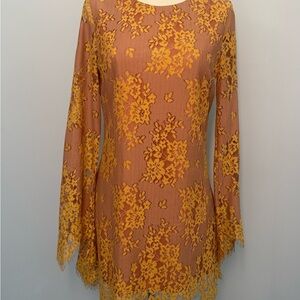 MAJORELLE Mustard Floral Embroidered Dress